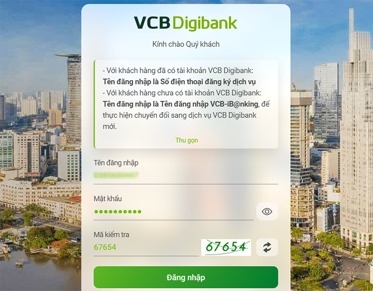 Đăng nhập vào Vietcombank Digibank trên máy tính